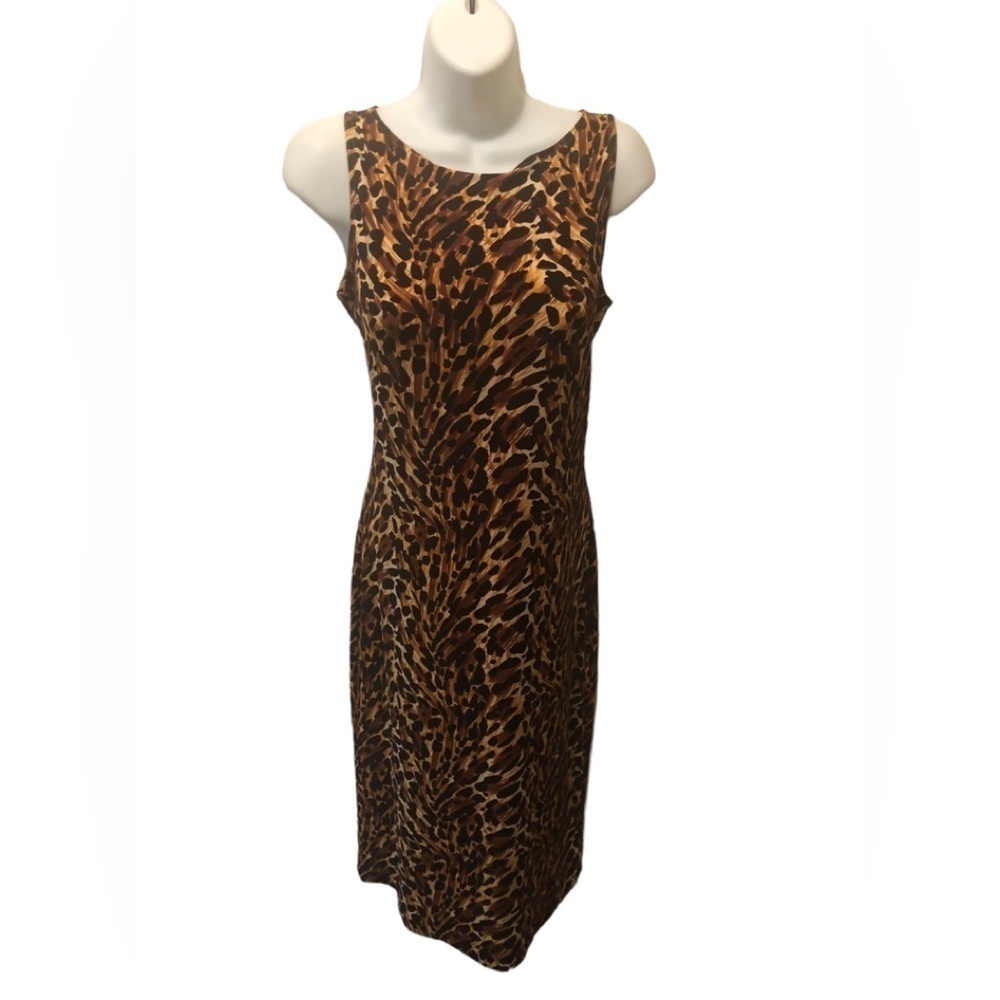 Norma Kamali Leopard Print Fitted Sleeveless Sheath Dress Sz. M Stretch Mob Wife